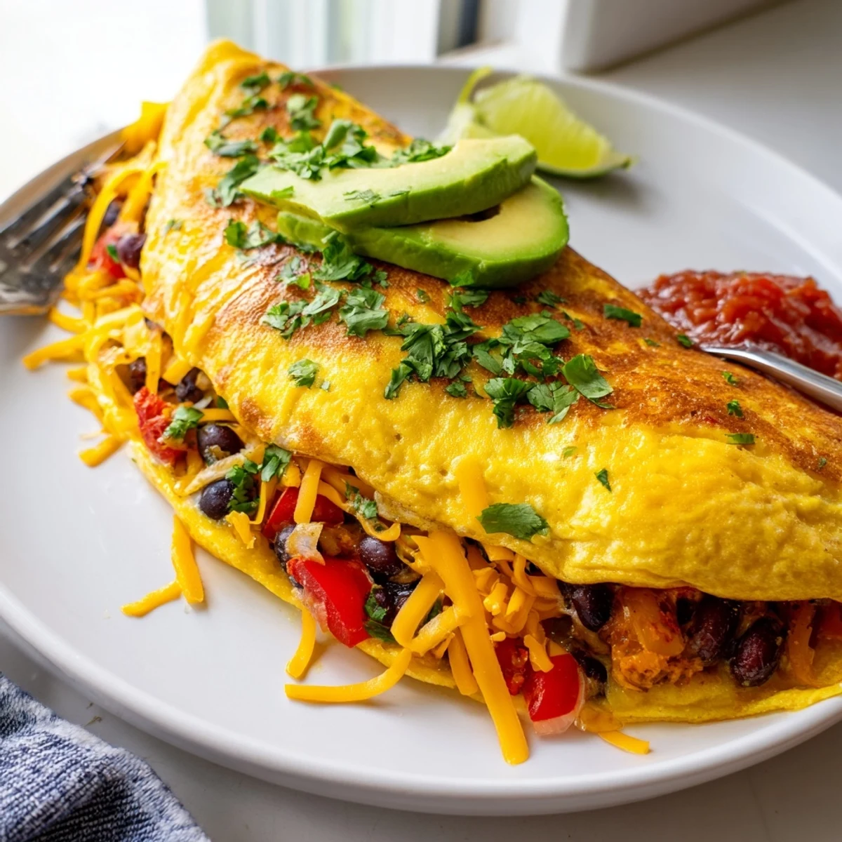 Vibrant Mexican omelette topped with fresh avocado slices, salsa, and cilantro, served steaming hot