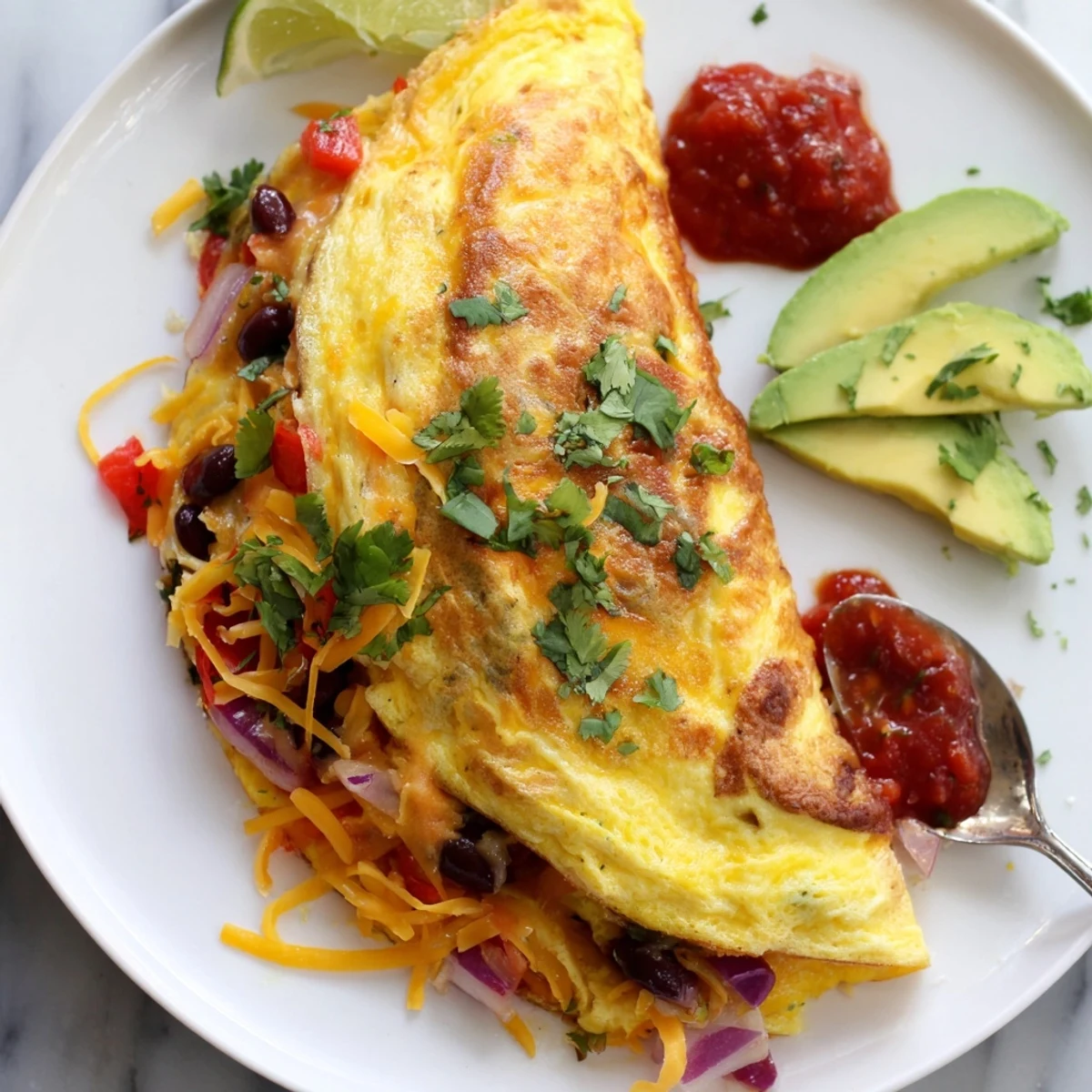 Fluffy Mexican omelette stuffed with peppers, black beans, and gooey cheese, garnished with lime wedges
