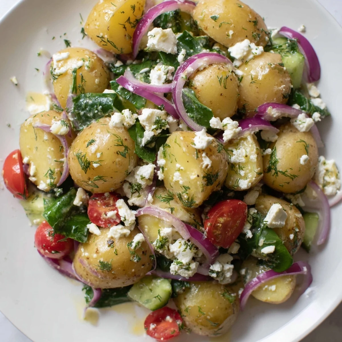 Creamy potato and feta salad topped with crumbled cheese and fresh herbs
