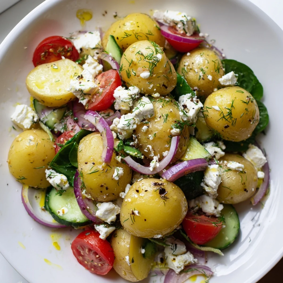 Golden halved potatoes tossed in potato and feta salad with dill