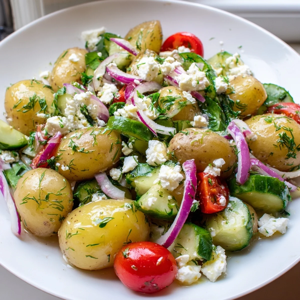 Bright potato and feta salad with cherry tomatoes, cucumber, and parsley