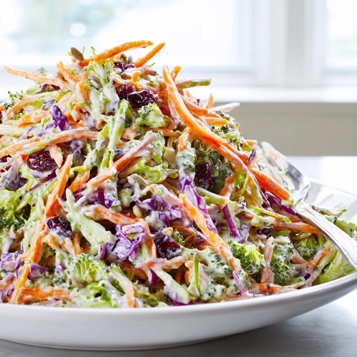 Creamy broccoli slaw with shredded carrots and cabbage in a tangy dressing
