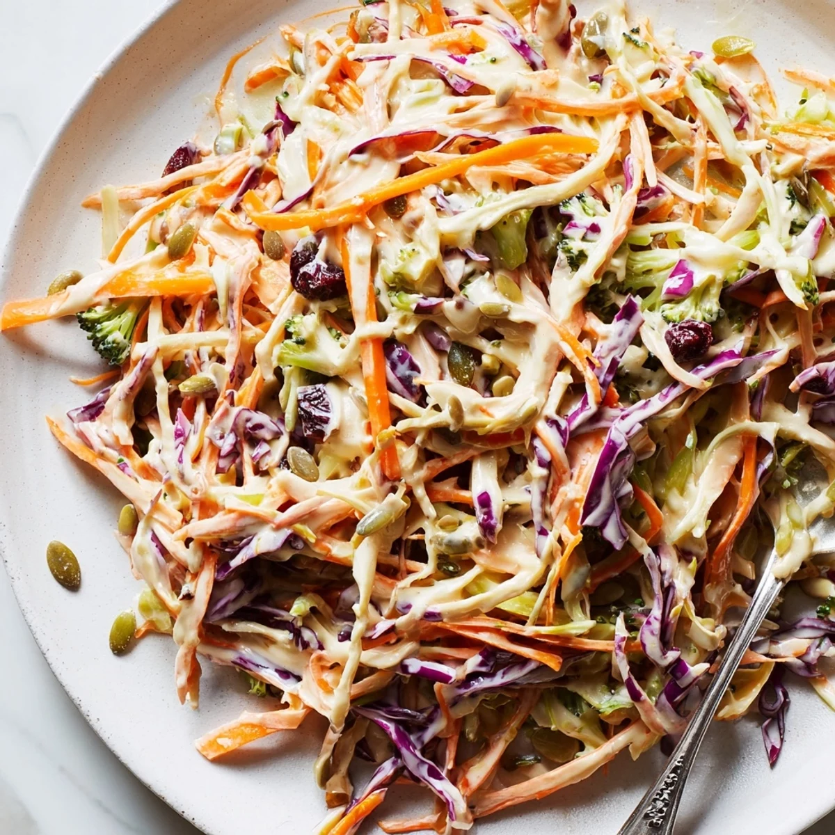 Crisp broccoli slaw topped with sunflower seeds and dried cranberries in bowl