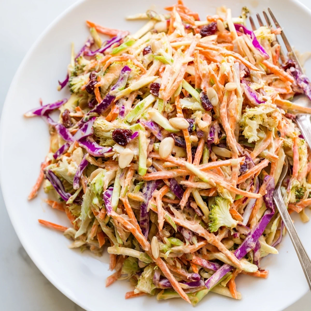 Vibrant broccoli slaw side dish with colorful shredded vegetables and creamy mustard dressing