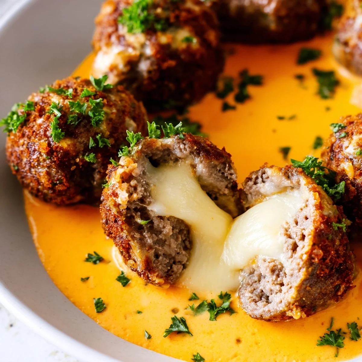 Golden baked cheese stuffed meatballs drizzled with creamy spicy cheese sauce on a rustic plate