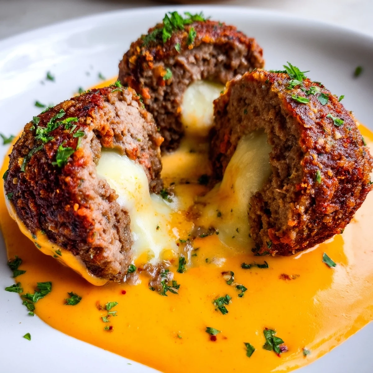 Close-up of gooey cheese stuffed meatballs smothered in rich, spicy cheddar sauce