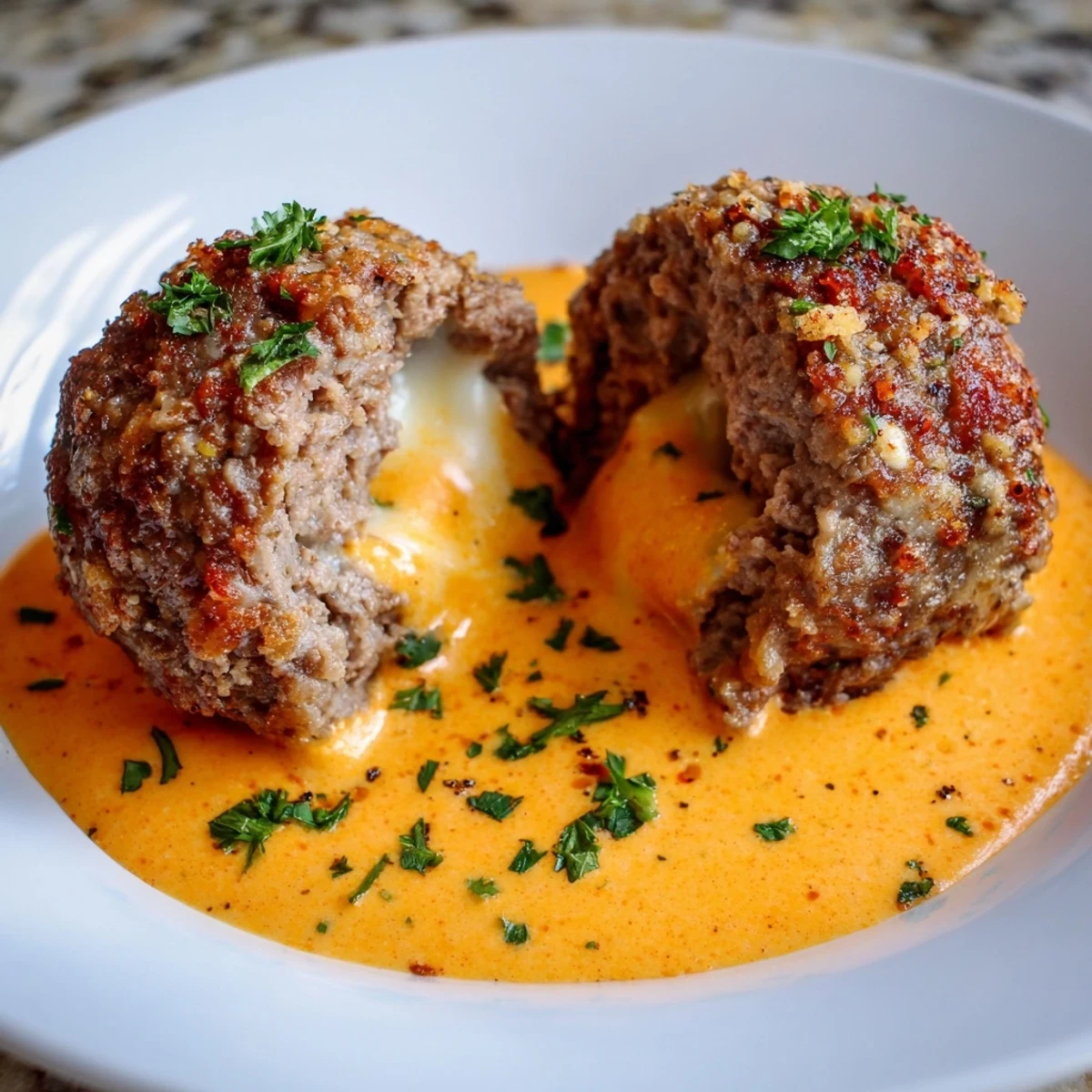 Cheese stuffed meatballs with spicy cheese sauce served over steaming pasta and fresh parsley