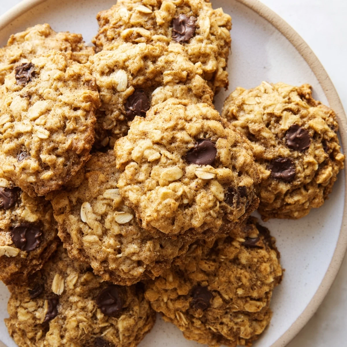 Soft chewy banana oatmeal cookies with chocolate chips stacked on a wire rack