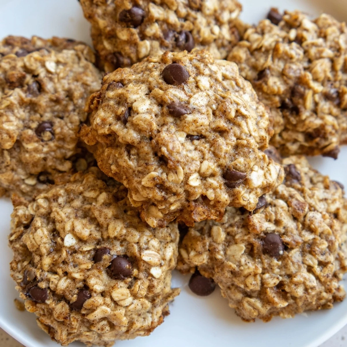 Rustic chewy banana oatmeal cookies arranged on a wooden board beside ripe bananas