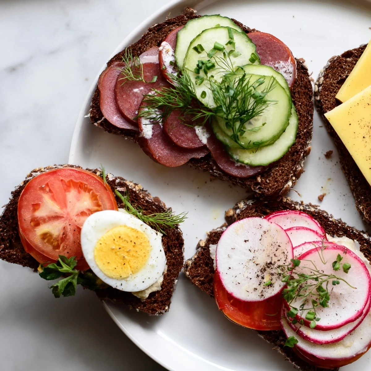 Open Faced Polish Sandwiches topped with kielbasa, egg, and crisp radishes on rye bread