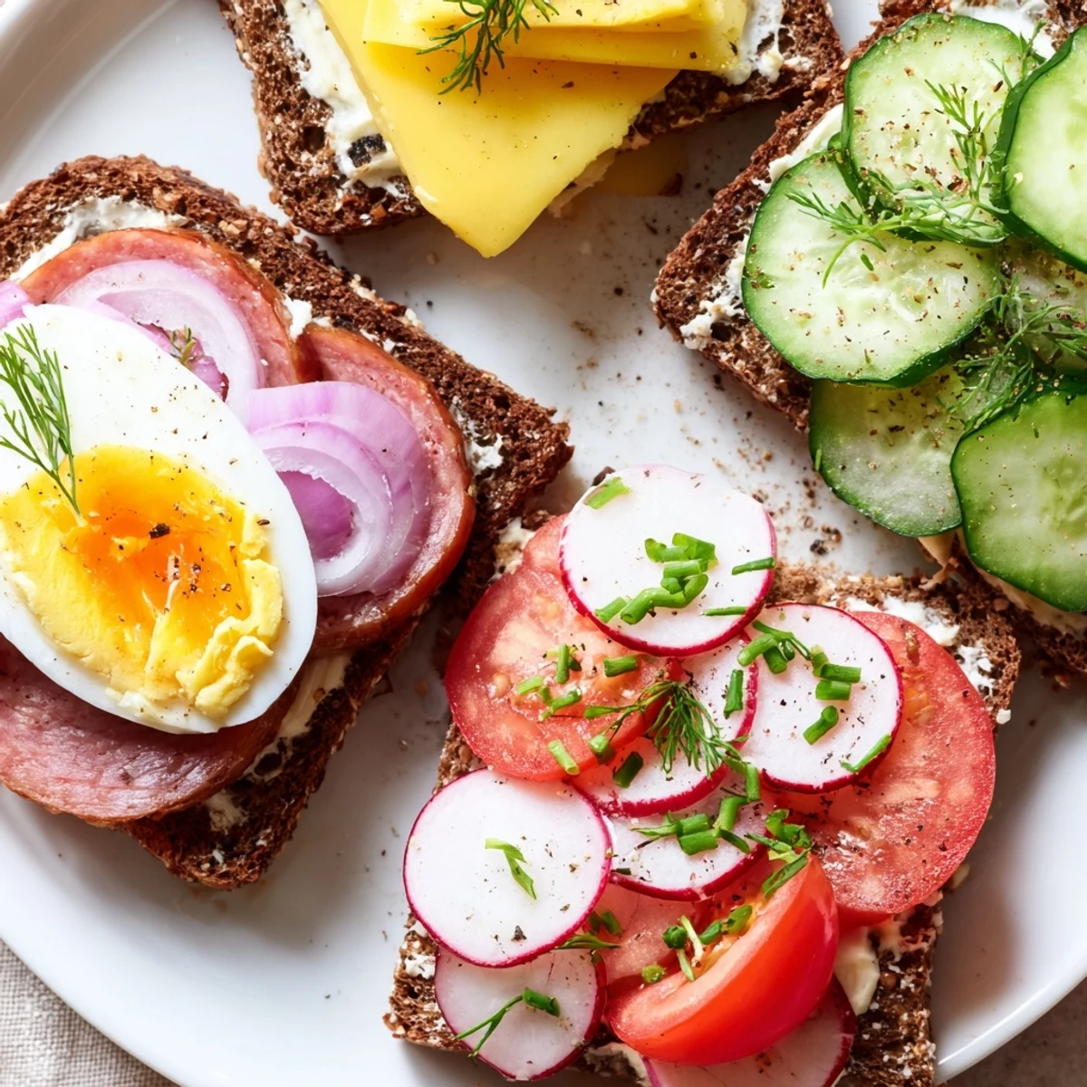 Crispy rye bread layered with cheese, cucumber, and smoked ham for Polish open faced sandwiches