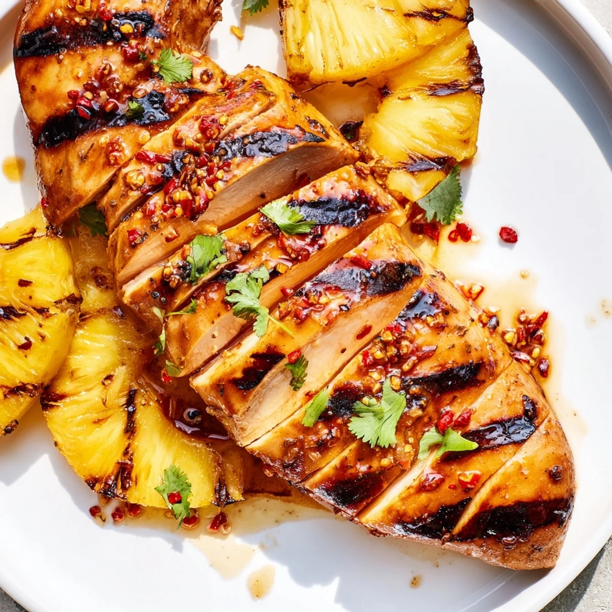 Juicy chili pineapple grilled chicken with charred edges on a rustic platter