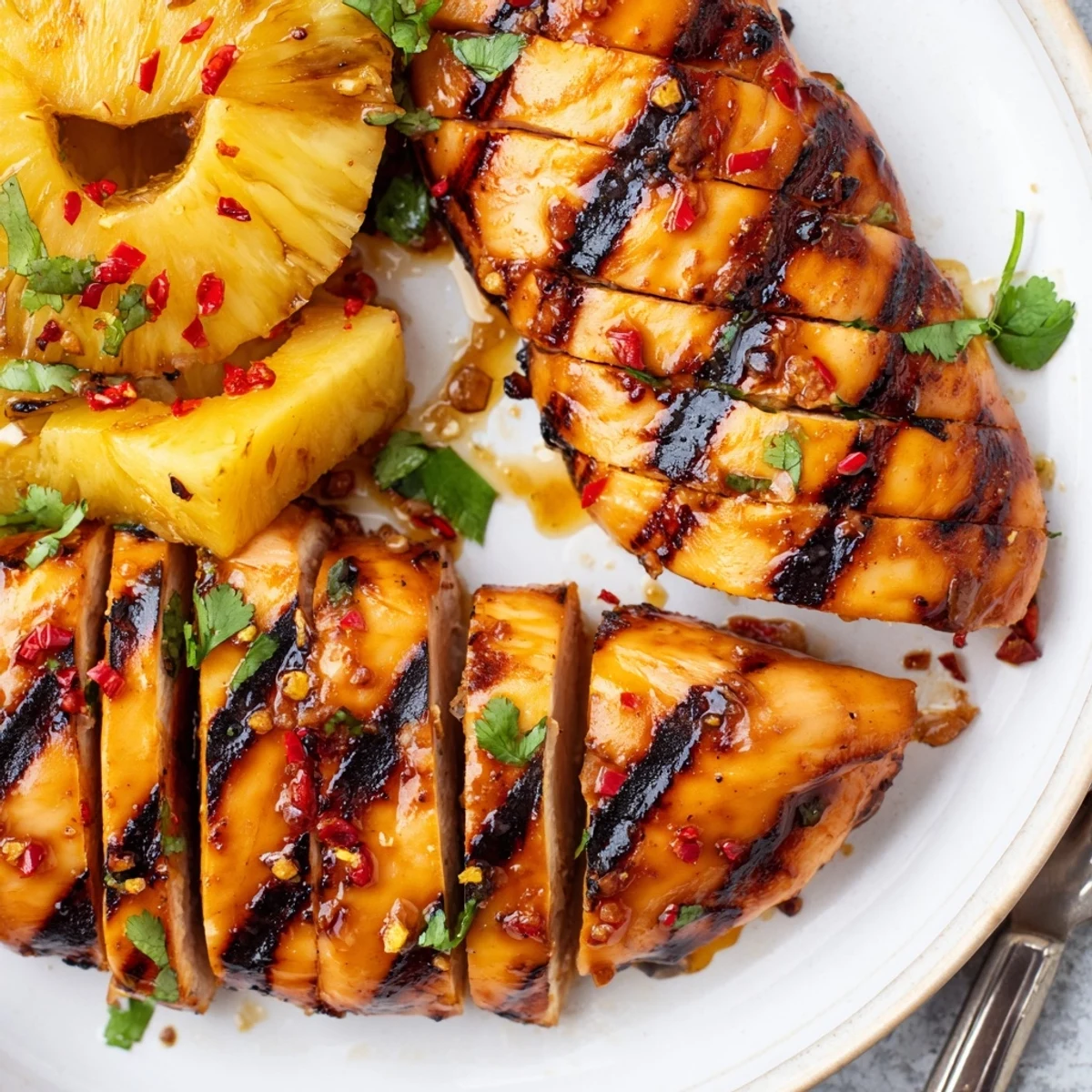 Golden grilled chicken glazed with spicy chili pineapple sauce and fresh cilantro