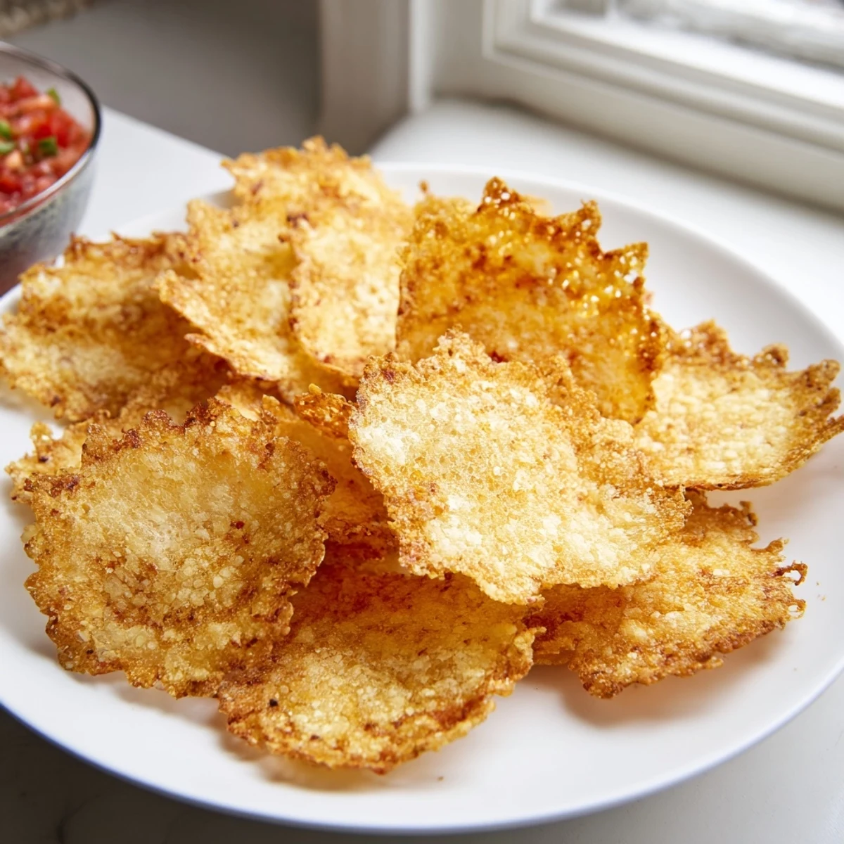 Golden crispy cottage cheese chips arranged on parchment with smoky paprika seasoning