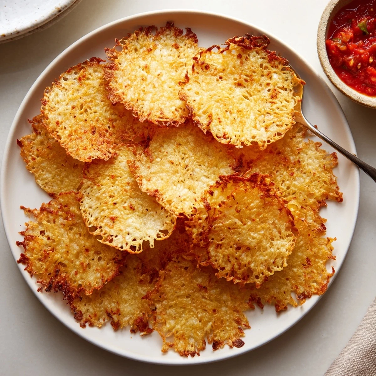 Cottage cheese chips baked until crunchy served alongside fresh guacamole dip