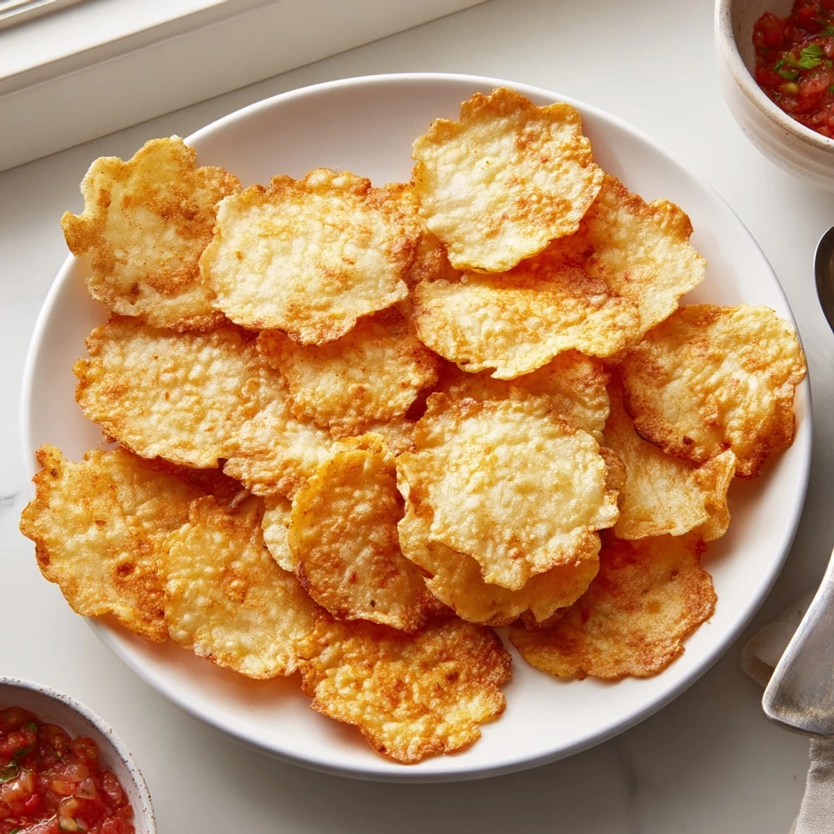 Perfectly round cottage cheese chips cooling on a tray with golden brown edges