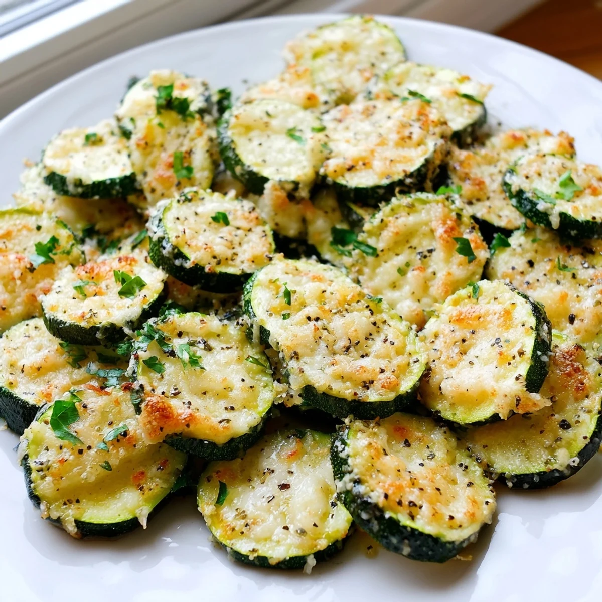 Golden Parmesan-crusted zucchini rounds with bright lemon pepper on a rustic baking sheet
