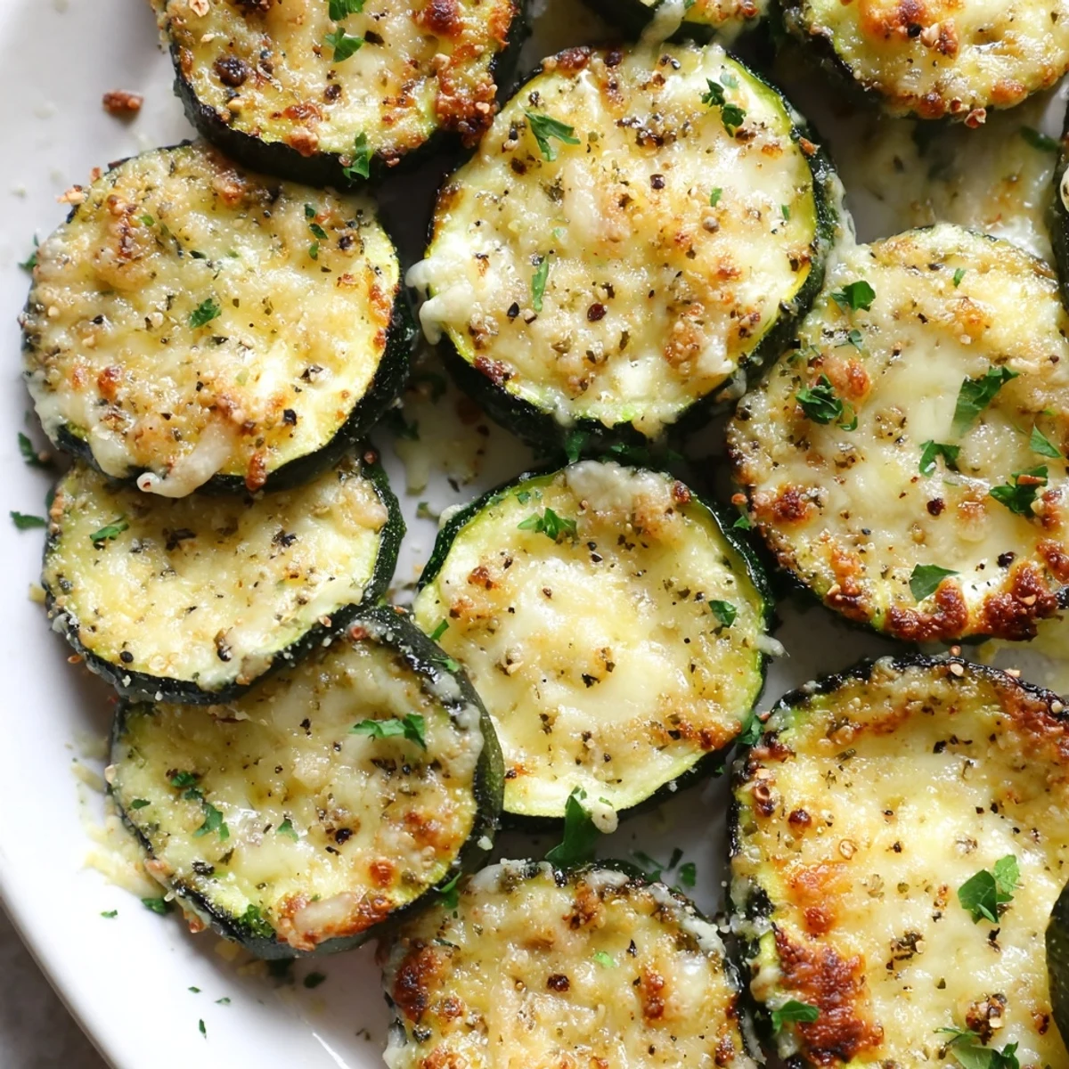 Tender roasted zucchini slices topped with melted Parmesan cheese and cracked black pepper