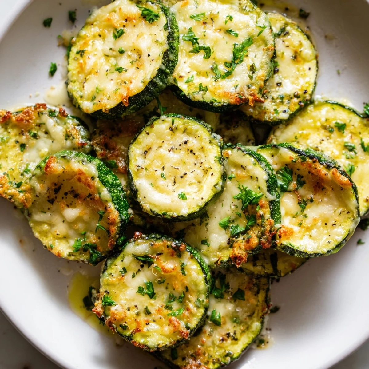 Lemon pepper and Parmesan zucchini glistening with olive oil and fresh parsley garnish