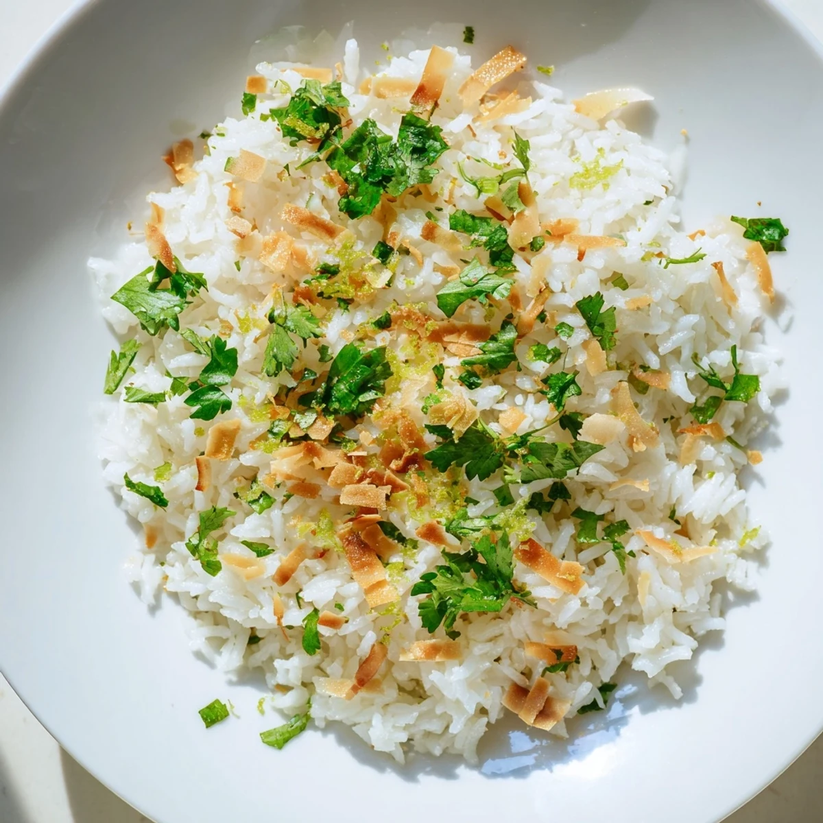 Creamy coconut rice steaming in a bowl, garnished with toasted flakes and fresh cilantro