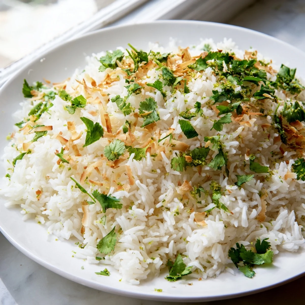 Tender coconut rice topped with lime zest and coconut flakes in a white dish