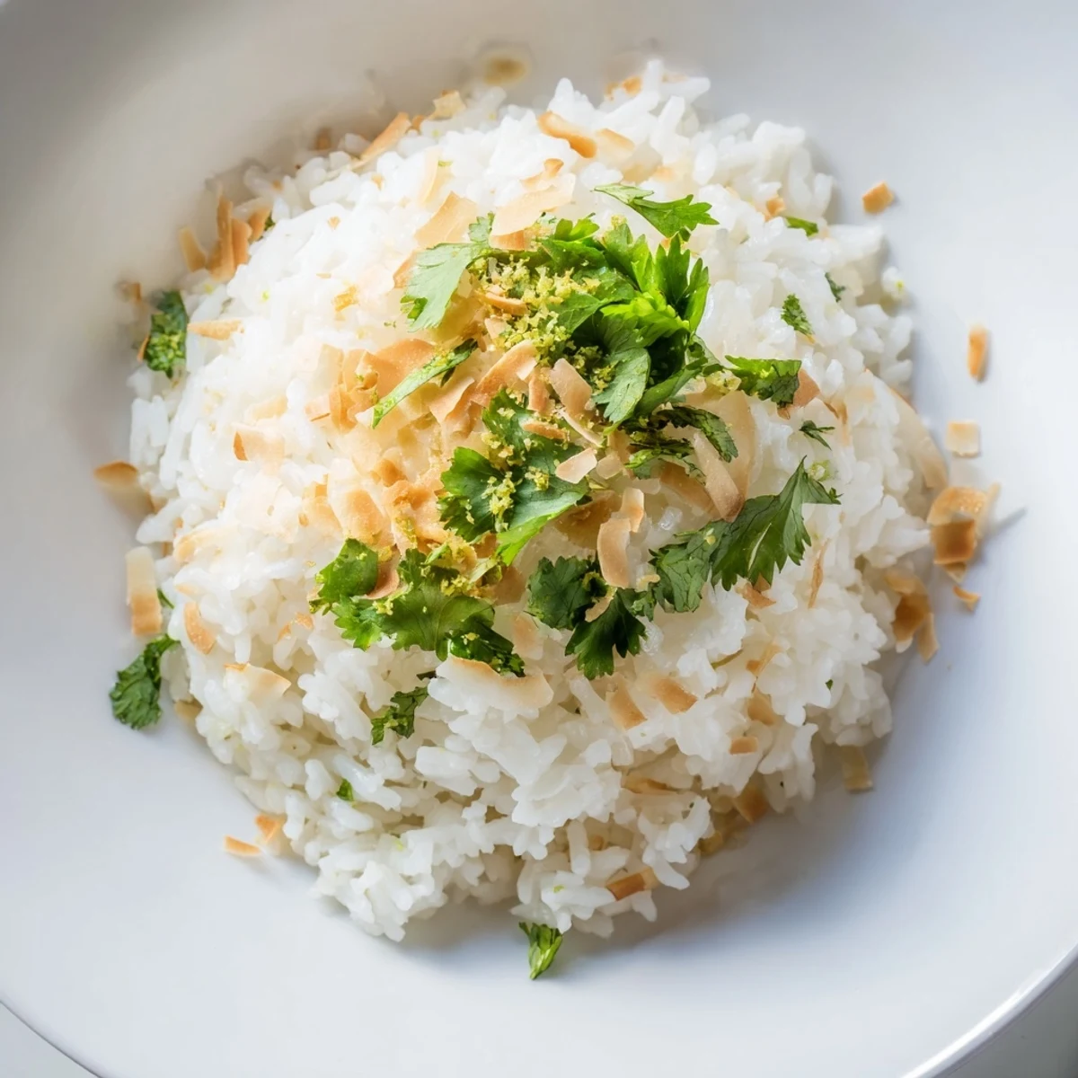 Fluffy coconut rice piled on a plate alongside vibrant Thai green curry