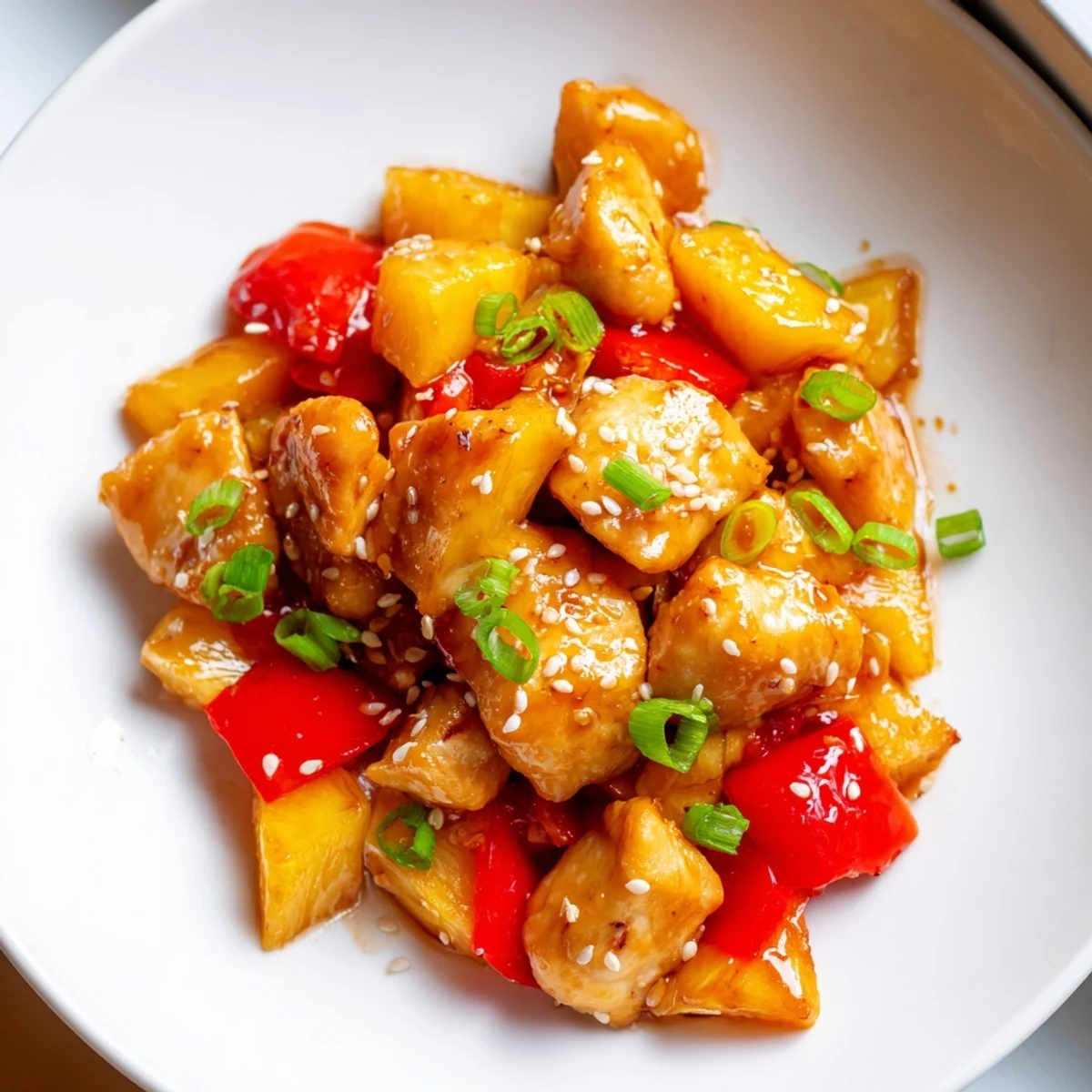 Juicy Hawaiian Chicken glazed in glossy pineapple sauce topped with sesame seeds