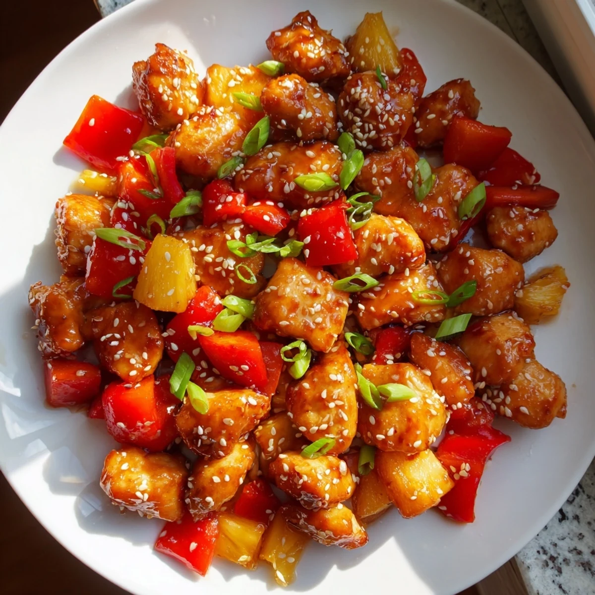 Golden seared Hawaiian Chicken nestled in a thick tangy pineapple pepper sauce