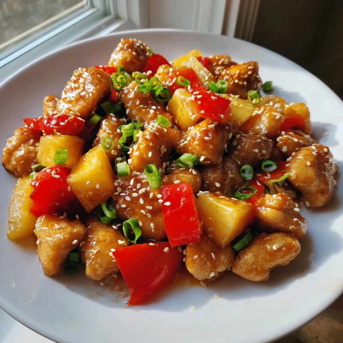 Tender Hawaiian Chicken smothered in sweet pineapple gravy sprinkled with green onions
