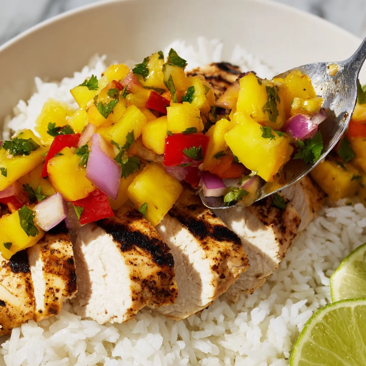 Juicy grilled chicken with pineapple-mango salsa over coconut rice on a bright plate
