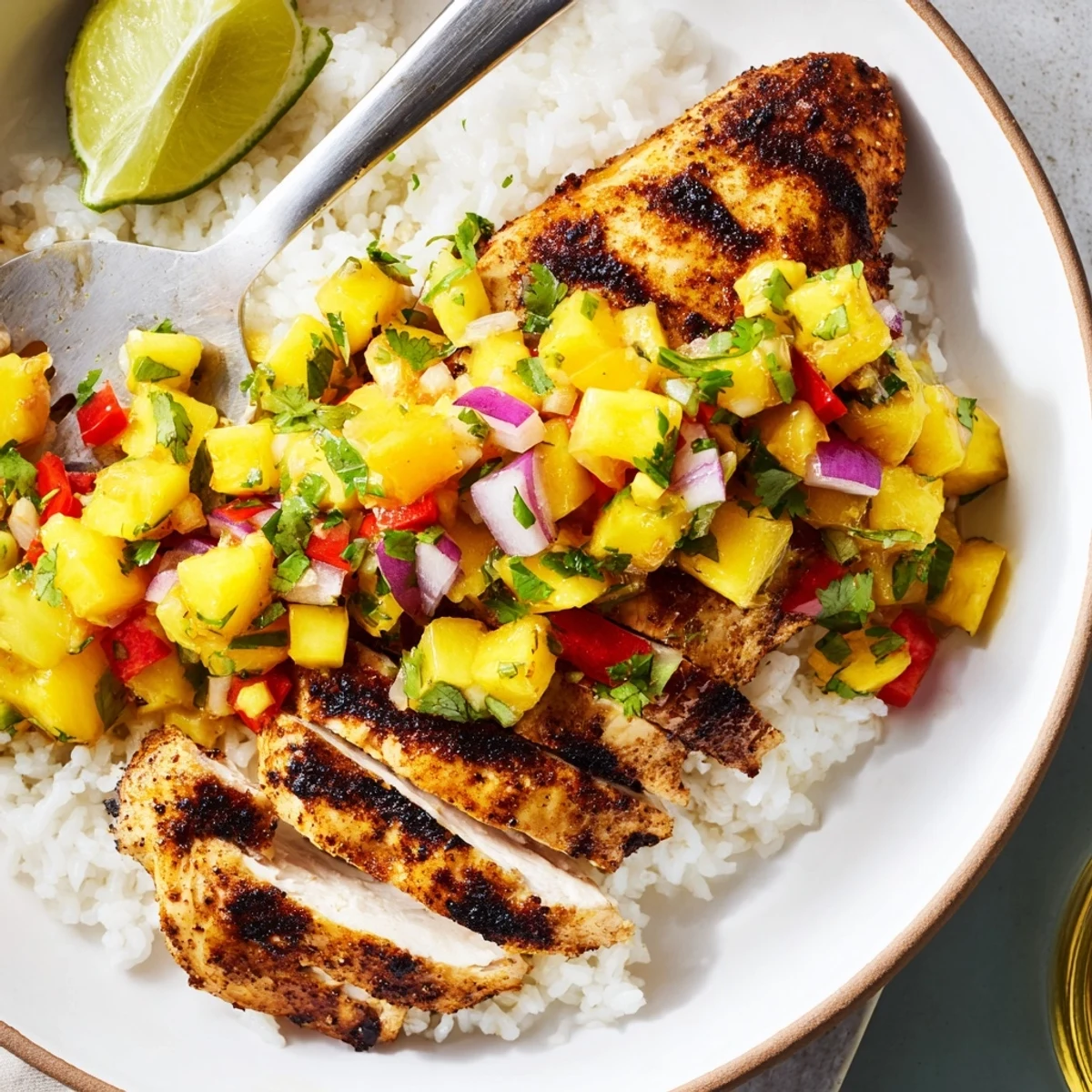 Tropical Dinner Delight featuring charred chicken topped with vibrant fruit salsa and lime