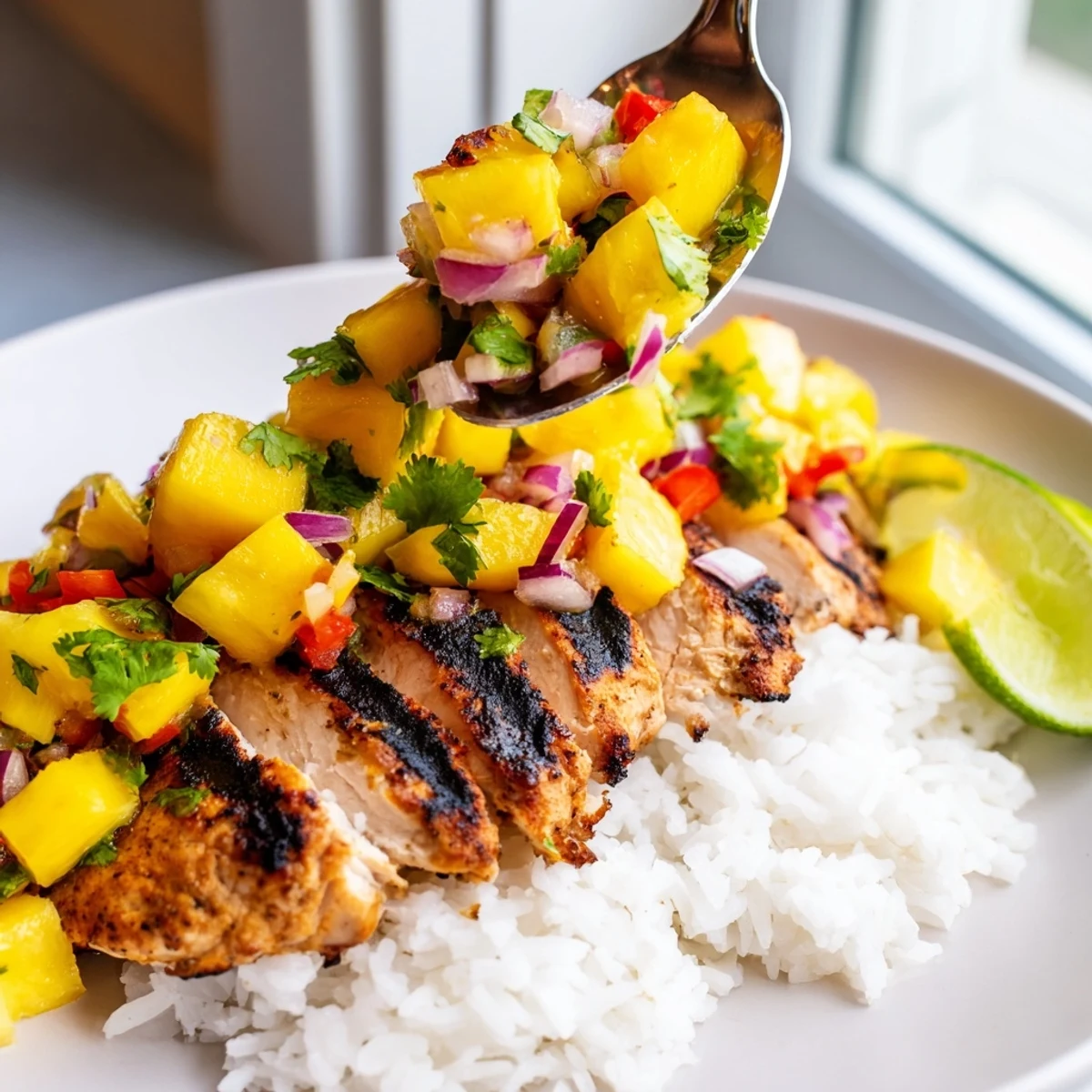 Smoky sliced chicken served beside fluffy coconut rice drizzled with sweet tropical salsa