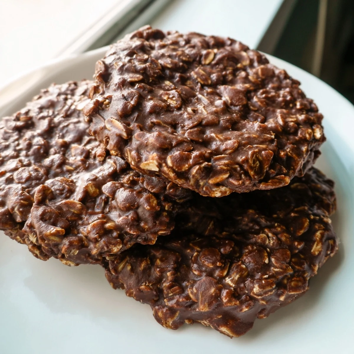 Fudgy chocolate oatmeal no bake cookies piled on a rustic parchment-lined baking sheet