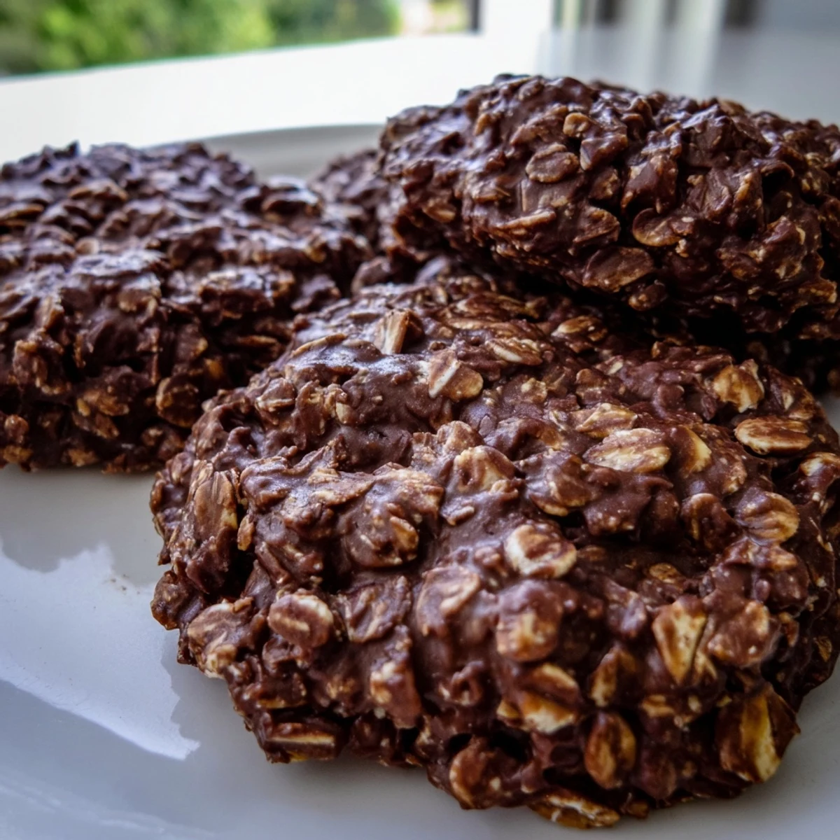 Glossy chocolate oatmeal no bake cookies studded with hearty oats cooling on wire racks