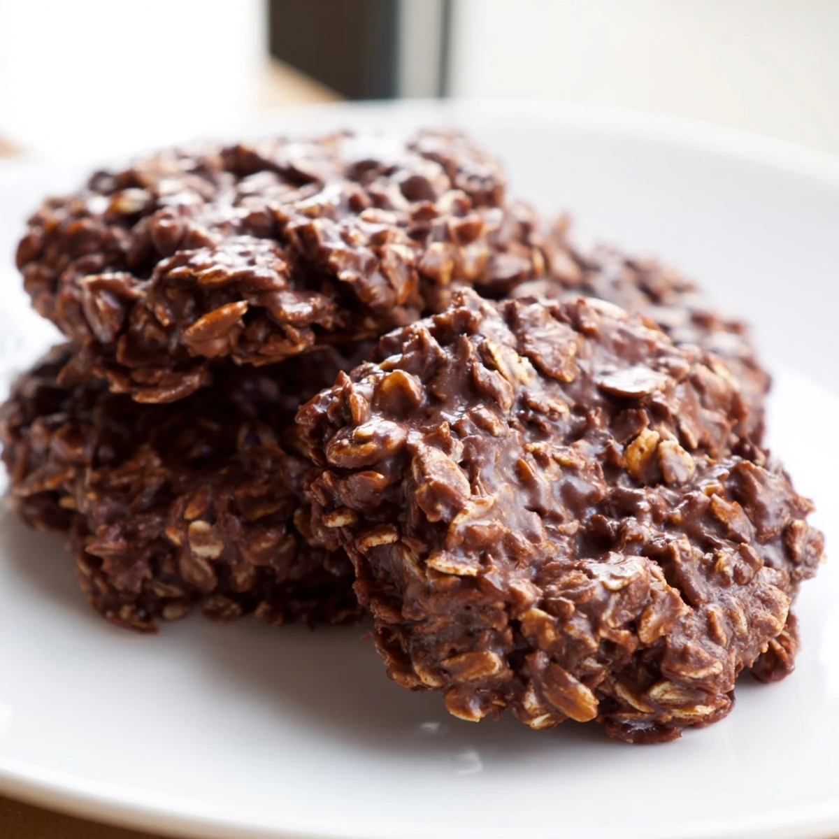 Thick chewy chocolate oatmeal no bake cookies drizzled with melted peanut butter on a white plate