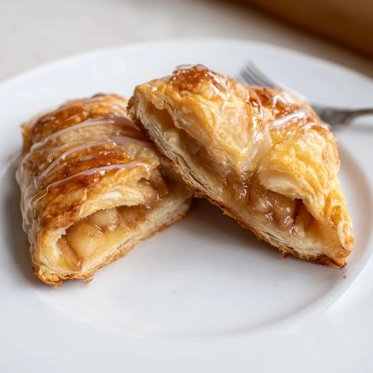 Breakfast plate of baked apple cheese danishes with a glaze and cinnamon