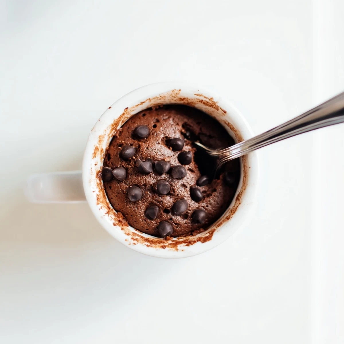 Rich gluten free chocolate mug cake topped with melting chips in a white ceramic mug.