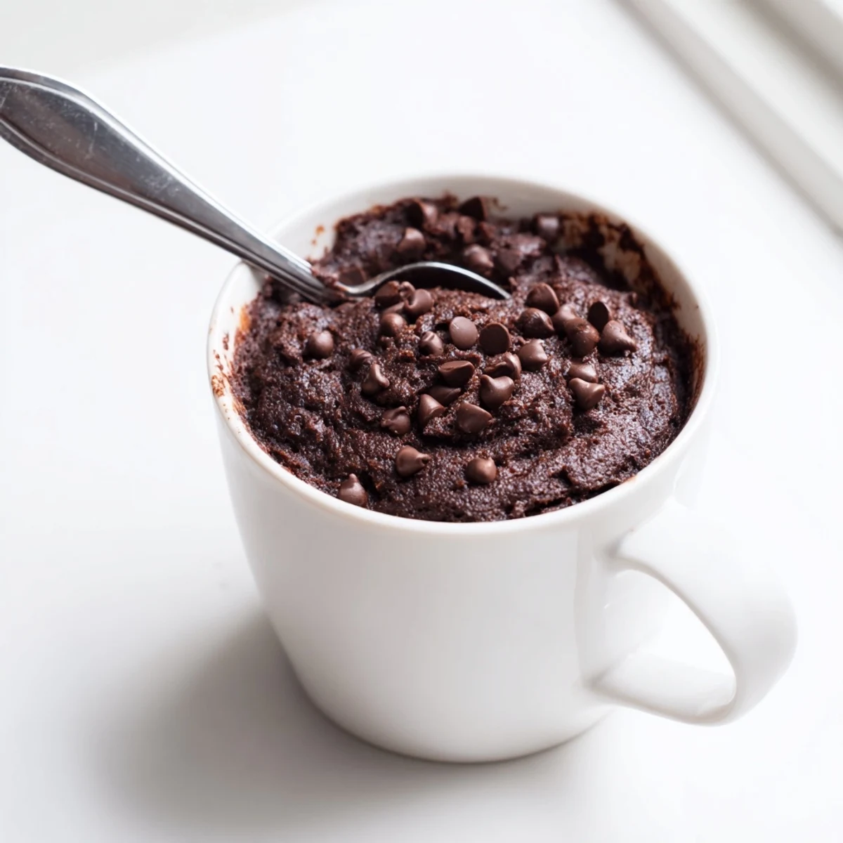 Fudgy homemade gluten free chocolate mug cake served warm with vanilla ice cream.