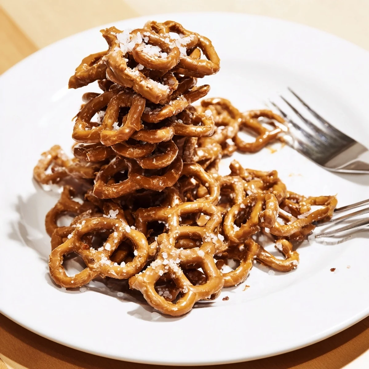 Golden butter toffee pretzels baked to a crunchy finish and sprinkled with sea salt
