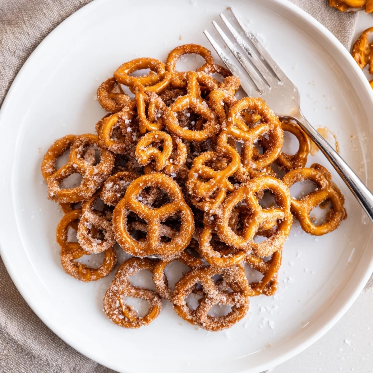 A close-up of butter toffee pretzels showing a sweet, glossy coating on mini pretzels