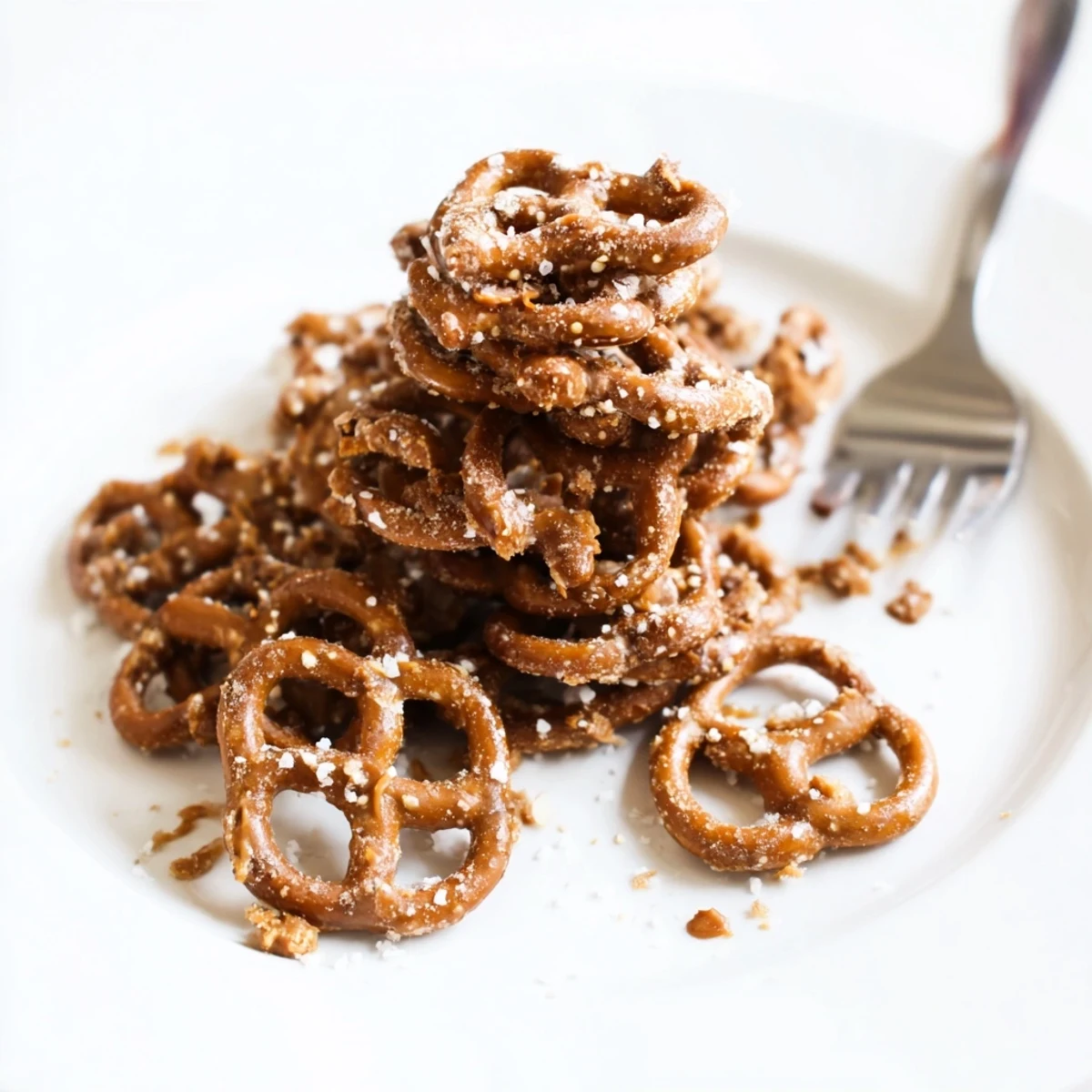 Sweet and salty butter toffee pretzels arranged on a parchment-lined baking sheet for cooling