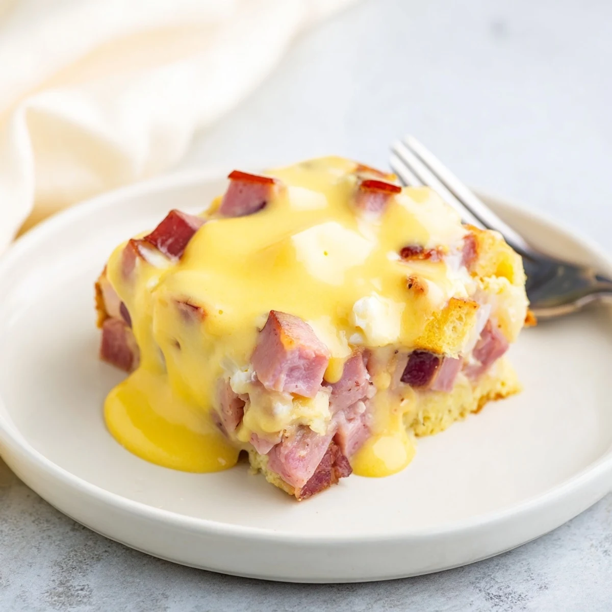 Hearty Eggs Benedict casserole bake topped with creamy yellow hollandaise sauce