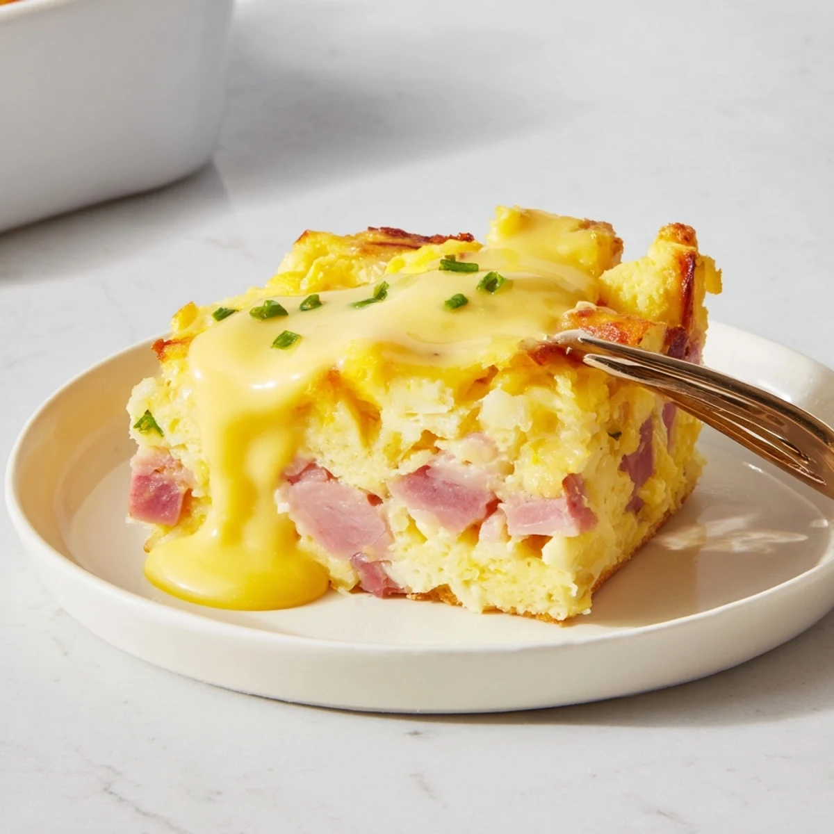 Eggs Benedict casserole layers English muffins and Canadian bacon under rich hollandaise