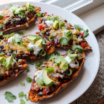 Crispy roasted sweet potato halves filled with smoky black beans, cheddar, and Monterey Jack, topped with sour cream and cilantro.