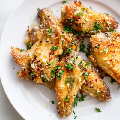 Golden brown Air Fryer Garlic Parmesan Chicken Wings with Ranch served hot, drizzled in sauce and paired with creamy dip.