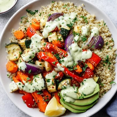 A close-up of the Roasted Vegetable Quinoa Bowl with Tahini Dressing highlights glistening cherry tomatoes and sesame seeds beside a lemon wedge for bright, tangy flavor.
