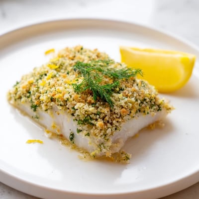 Flaky, tender Baked Hake with Lemon and Herb Crust served on a white plate with steamed green beans and fresh lemon wedges for squeezing.