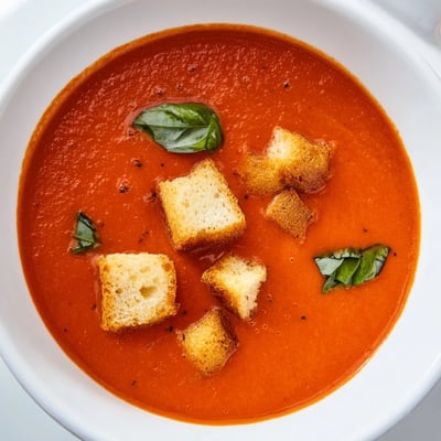 A spoon dipping into Creamy Tomato Basil Bisque with Croutons, revealing smooth texture, golden crispy bread on top.