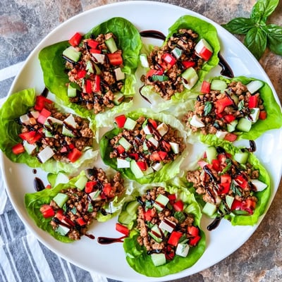 Savory Italian Lettuce Wraps with seasoned turkey, diced cucumbers, and a drizzle of balsamic glaze ready to serve. 