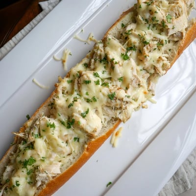 Golden Viral Chicken Alfredo Garlic Bread loaded with cheesy goodness and herbs, sliced into easy-to-serve pieces for a hearty meal.